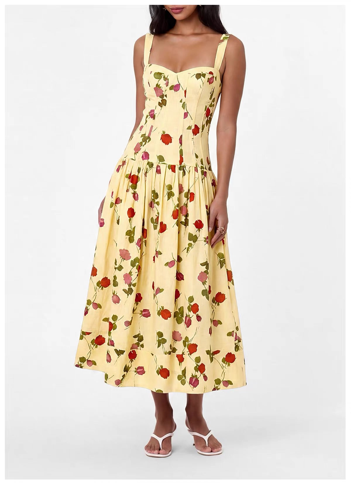 NC Makenna Drop Waist Corset Linen-Viscose Sweetheart Midi Dress