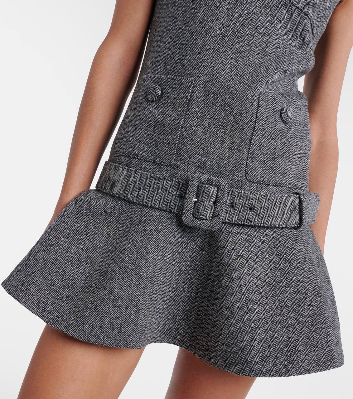 SP Grey Herringbone Belted Drop Waist Flared Mini Dress