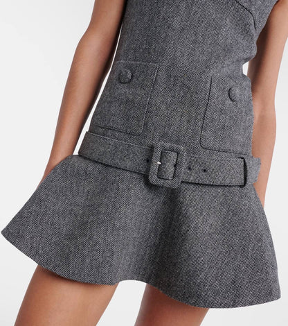 SP Grey Herringbone Belted Drop Waist Flared Mini Dress