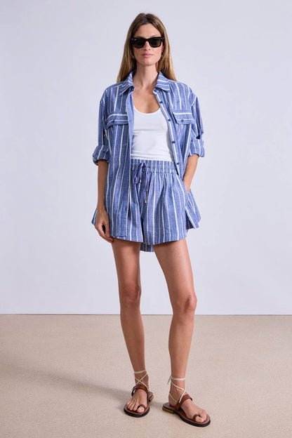AA Flowe Pocket Button Up Shirt | Trail Shorts | De Vera Wrap Skirt | Striped Cotton Chambray Blue Set
