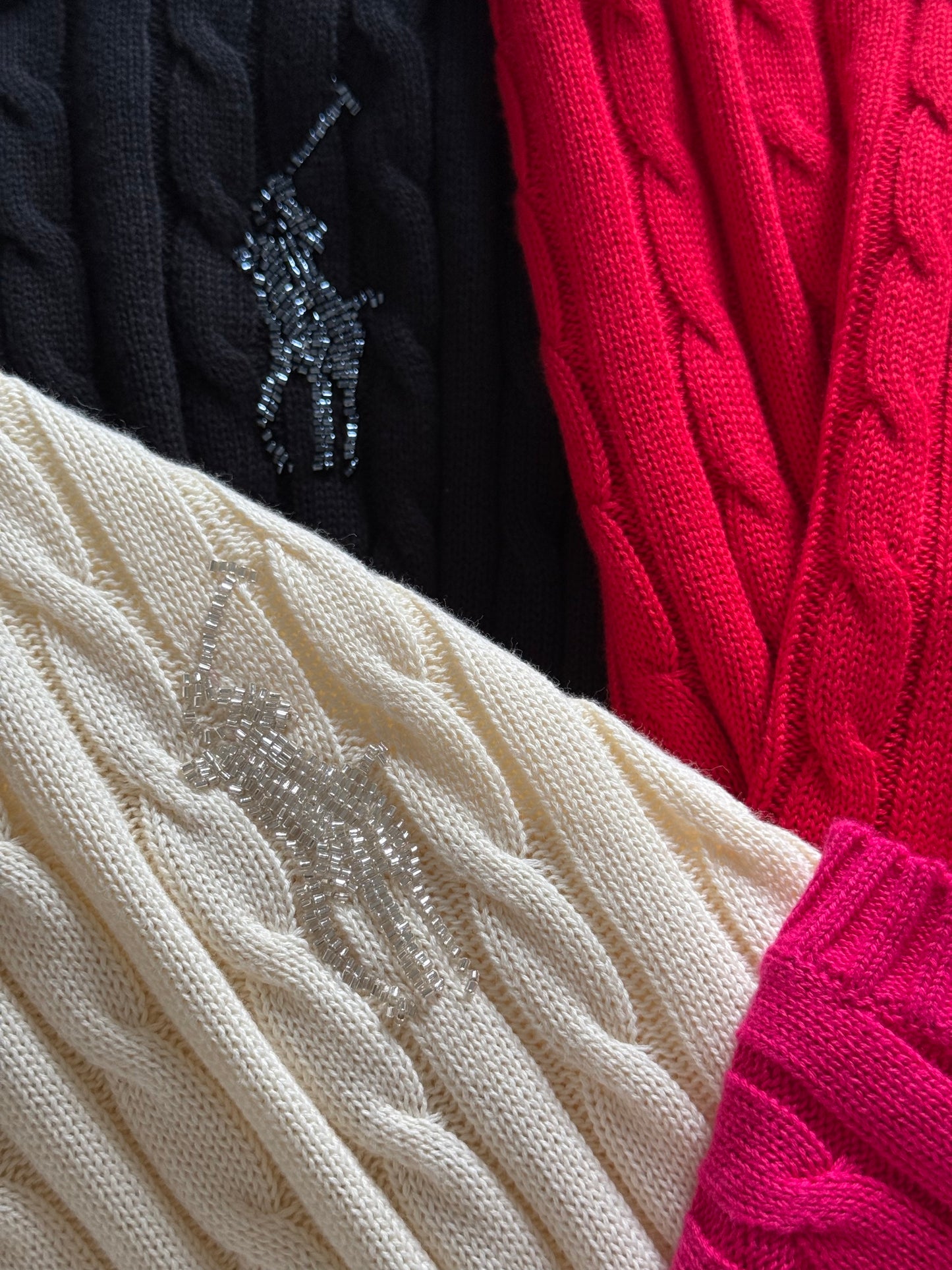 4 Colors! RL Beaded Big Pony Cable Short Sleeve Cotton Jumper Shirt