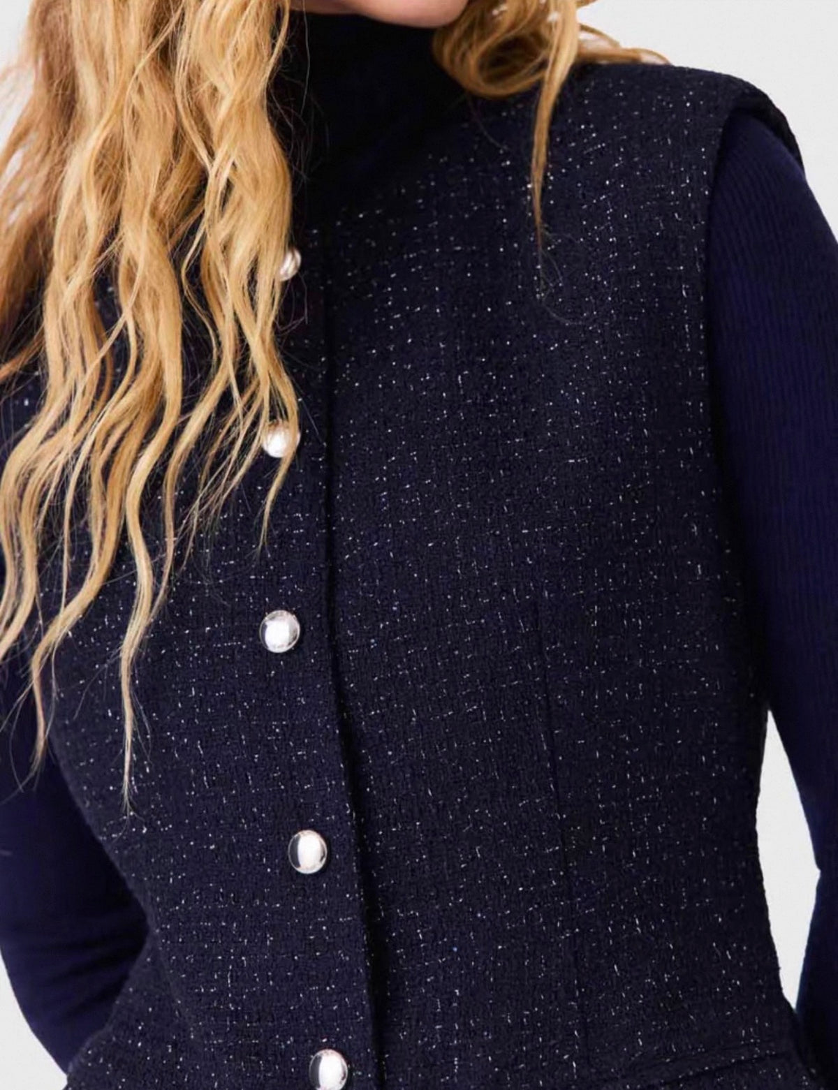 MJ Navy Blue Short Lurex Tweed Cinched Sleeveless Button Up Mini Dress