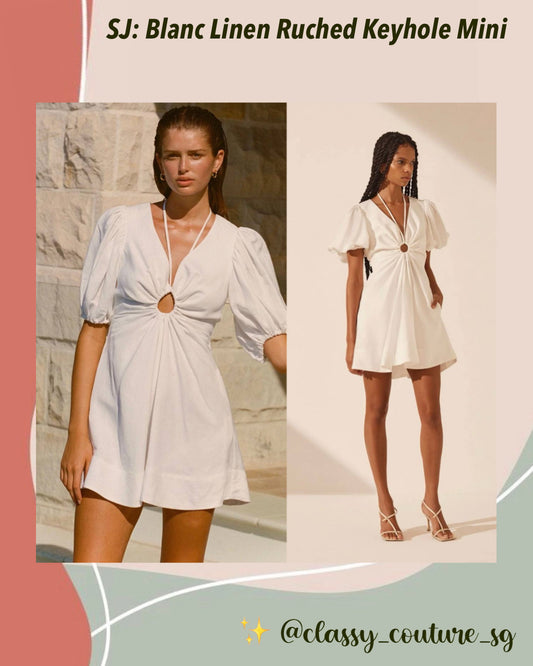 SJ Blanc Linen Ruched Keyhole Mini Dress