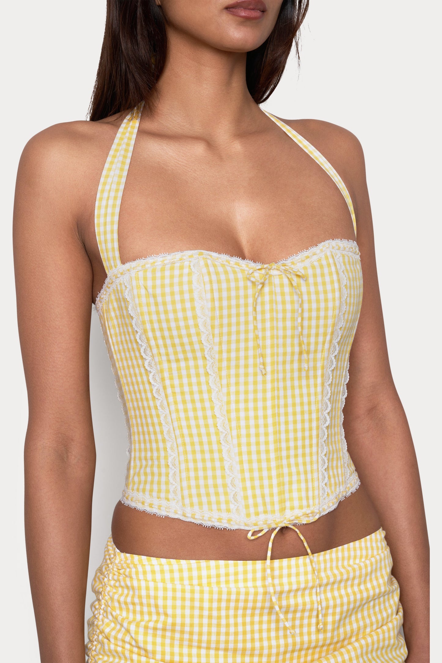 GZ Gingham Lace Corset Cotton Halter Top