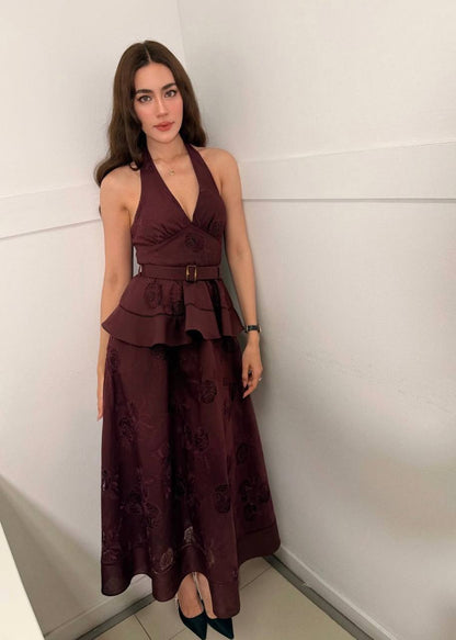 SP Plum Linen-cotton Halter Peplum Midi Dress