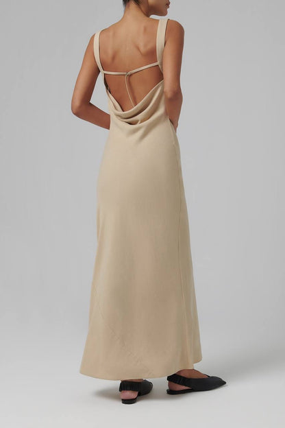 SA Double Drape Cowl Linen-Blend Maxi Dress