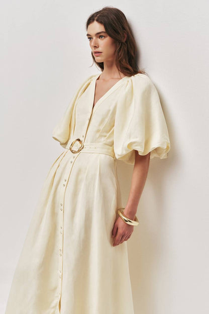 AJ Portrait Puff Sleeve Linen-blend Midi Dress