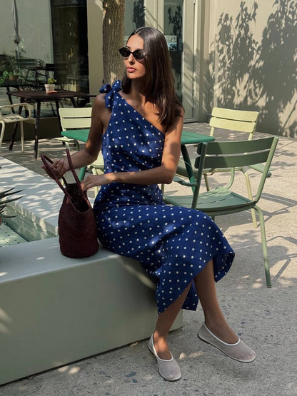 KV Lily One-Shoulder Toga Midi Dress | Strapless Bubble Cotton-Linen Polka Dot Maxi Dress