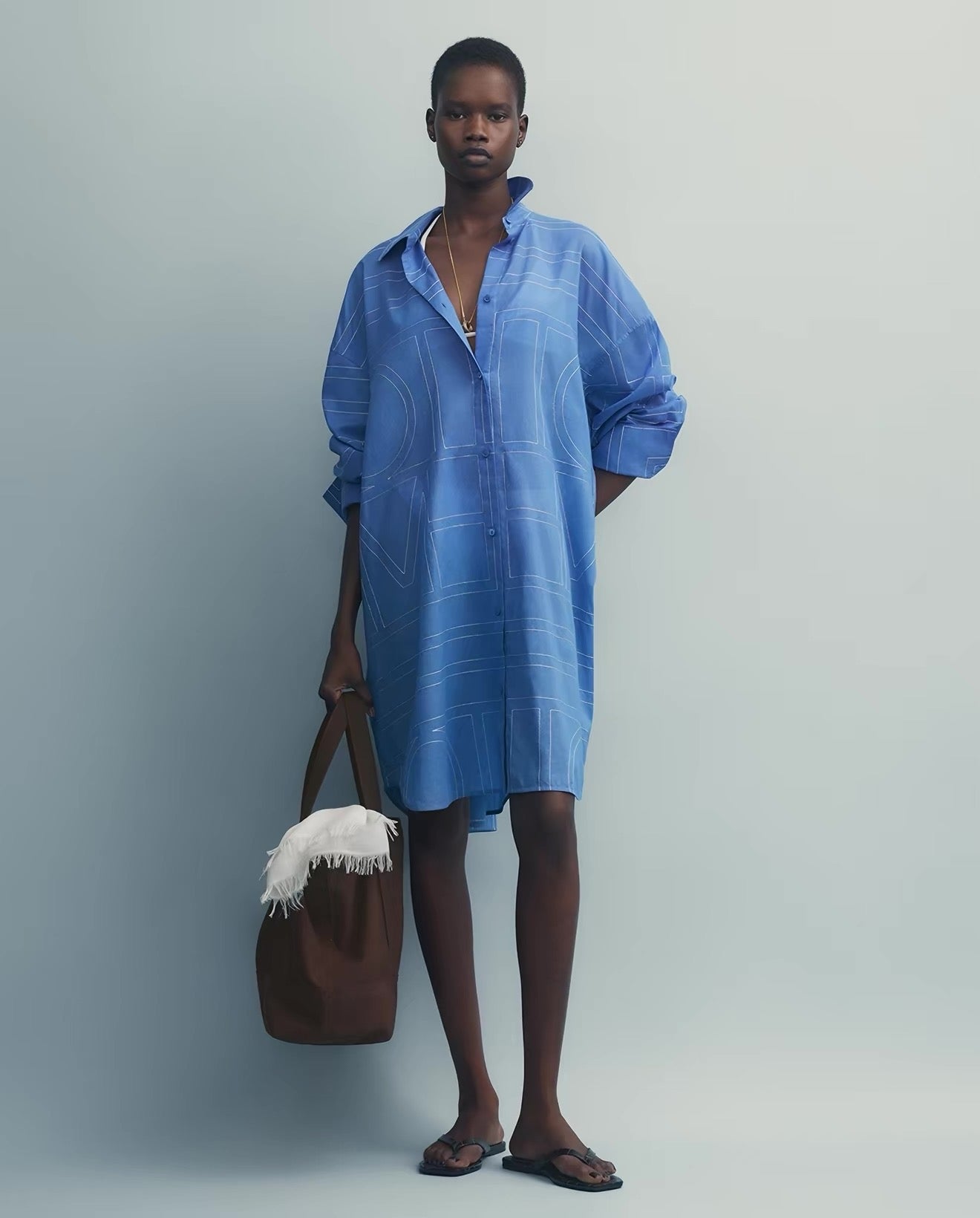 4 Colors! Tot Long Summer Cotton-blend Embroidered Monogram Oversized Shirt Shirtdress Mini Dress