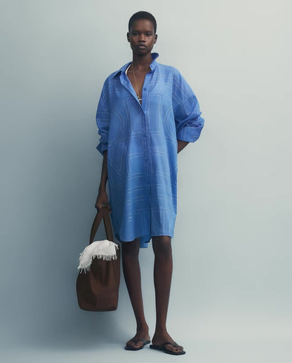4 Colors! Tot Long Summer Cotton-blend Embroidered Monogram Oversized Shirt Shirtdress Mini Dress