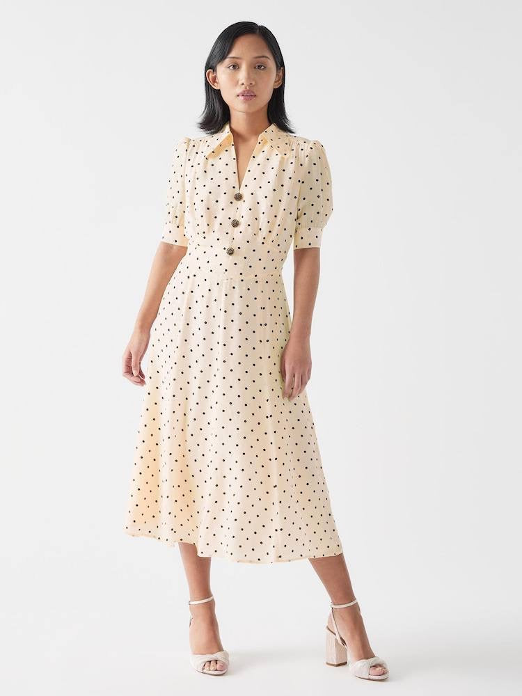 LKB Sophie Cream Viscose-Blend 30'S Polka Dot Midi Dress