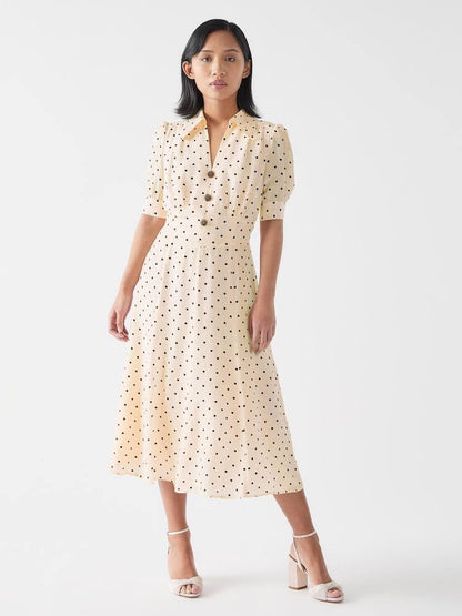 LKB Sophie Cream Viscose-Blend 30'S Polka Dot Midi Dress