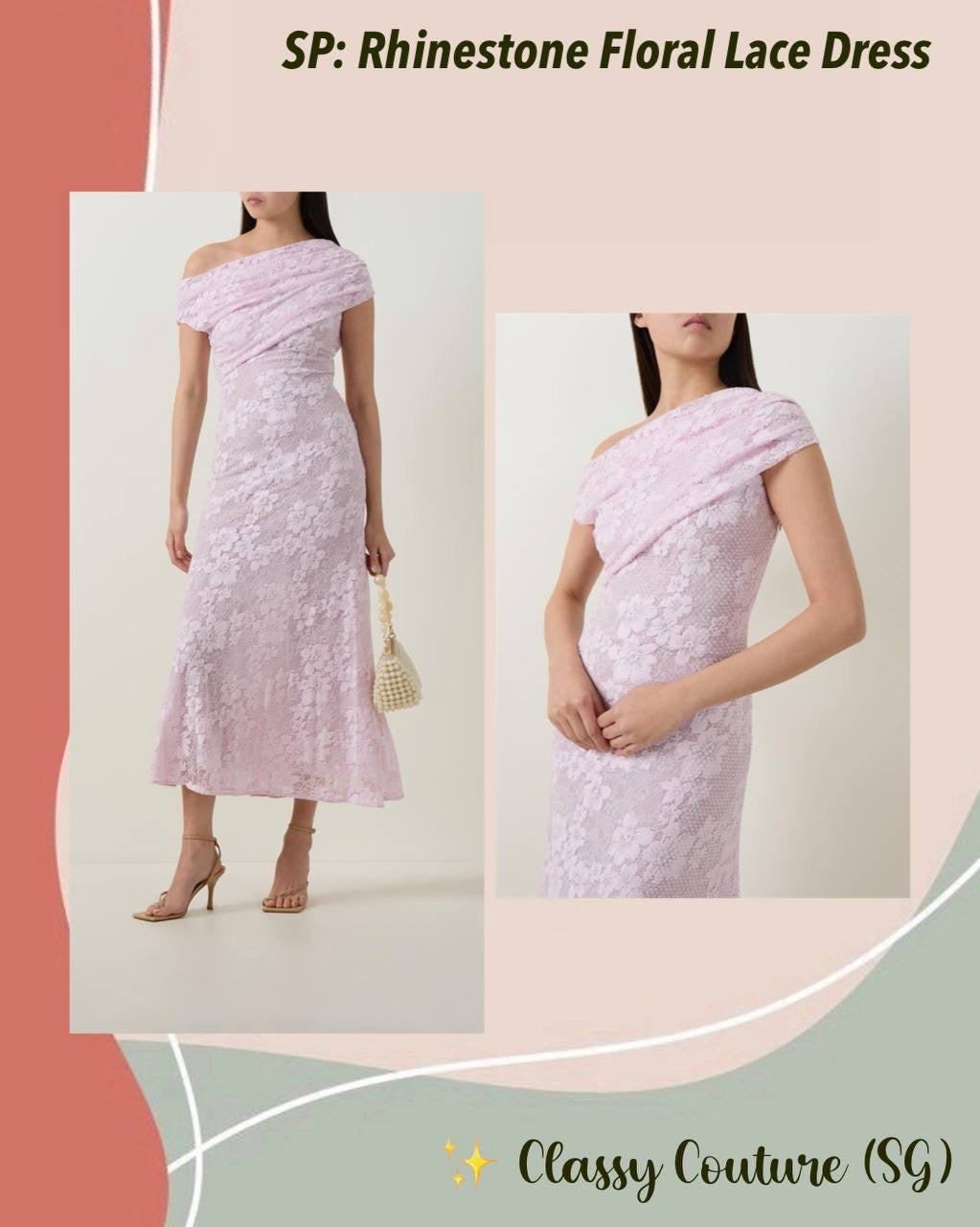 SP Pink Rhinestone Floral Lace Off Shoulder Midi Dress