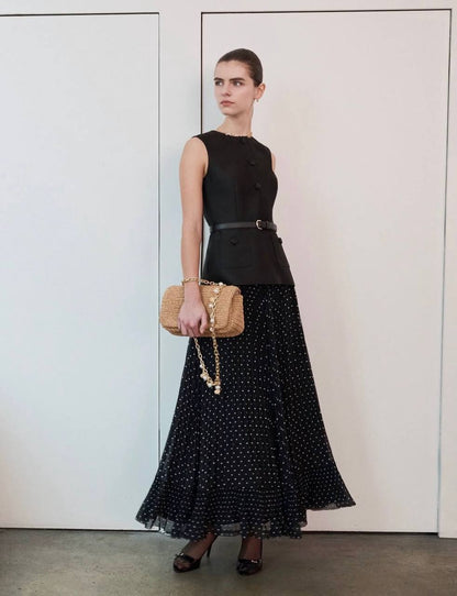 SP Black Taffeta Polka Dot Midi Dress