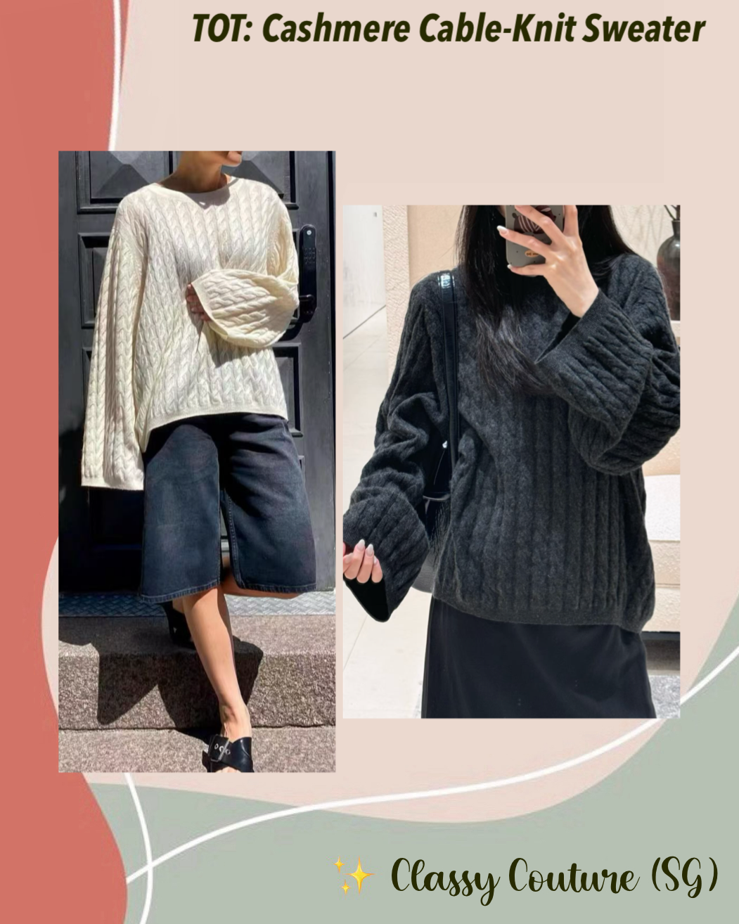 TOT Cashmere Cable-Knit Oversized Sweater in Cream & Charcoal Grey