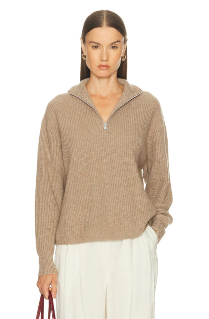 JK Cashmere Half-Zip Pullover Sweater in Undyed Stoned