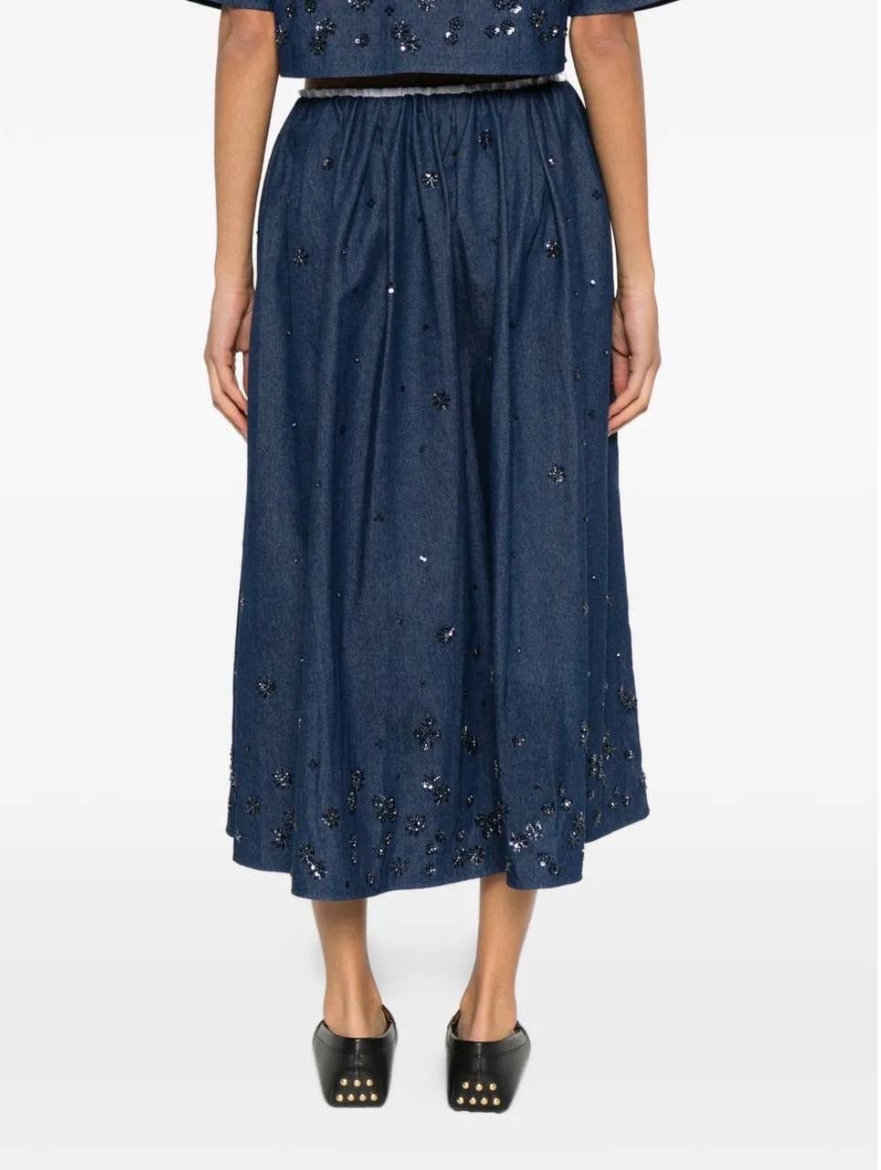 MJ Cobradi Crop Top | Jobradita Midi Skirt | Layered Shorts Skort | Embroidered Denim Embellished Crystal Set