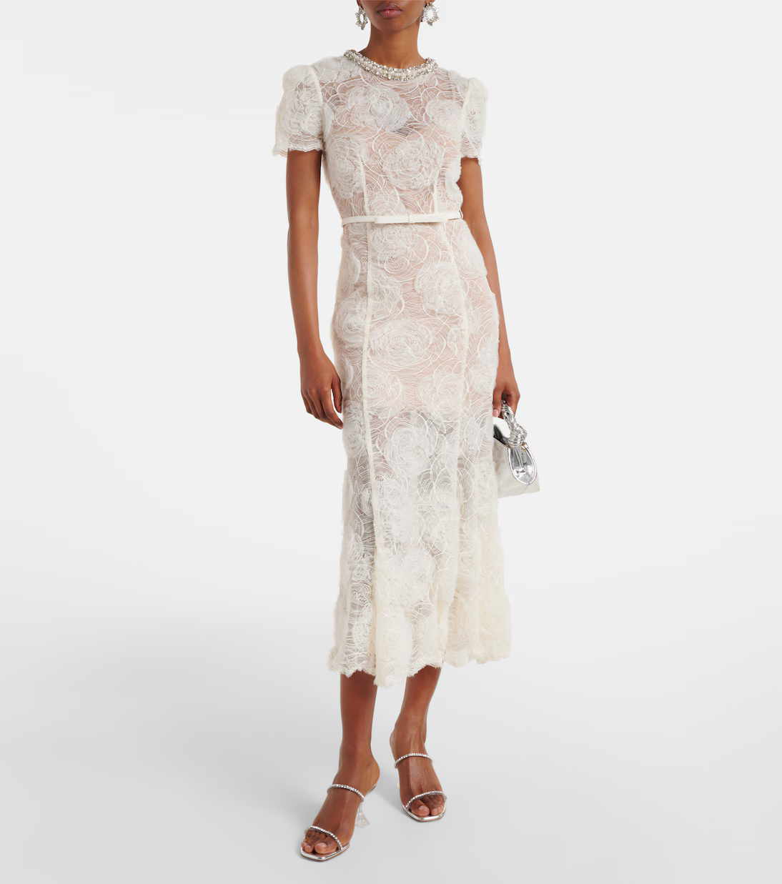 SP Cream Tulle Floral Lace Midi Dress