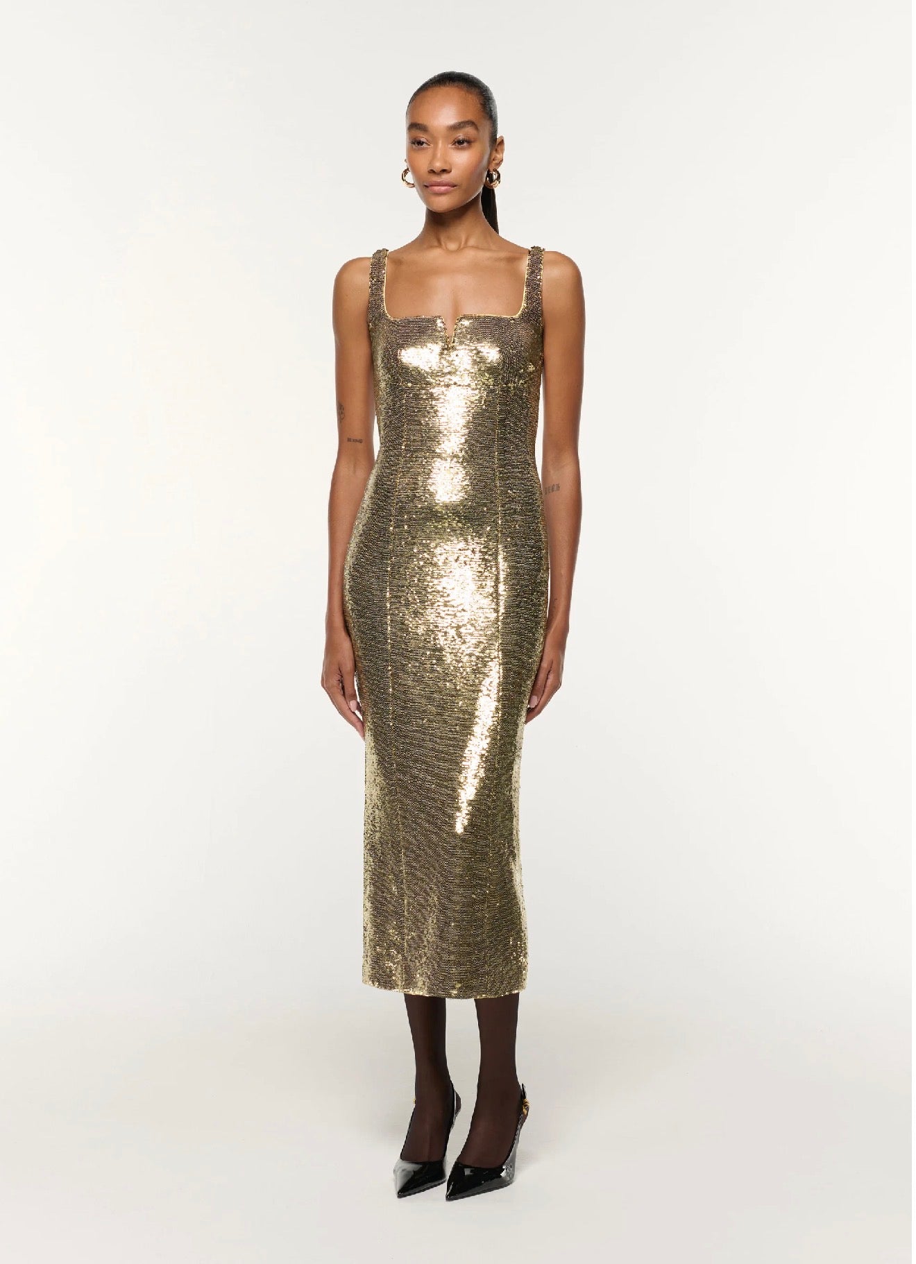 RM Gold Square Neckline Sequin Cocktail Midi Dress