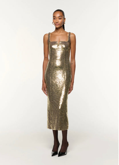 RM Gold Square Neckline Sequin Cocktail Midi Dress