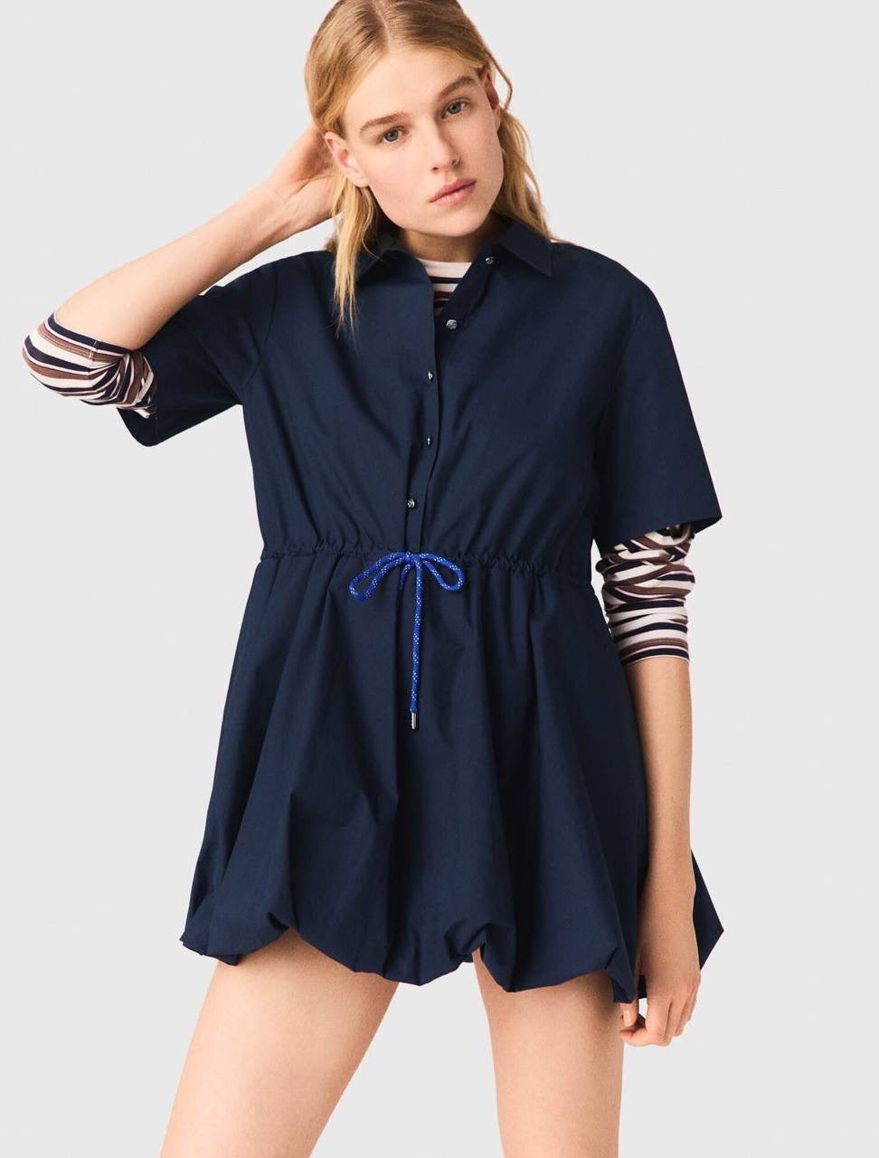 MJ Romimita Short-Sleeved Cotton Bubble Drawstring Mini Dress Shirtdress