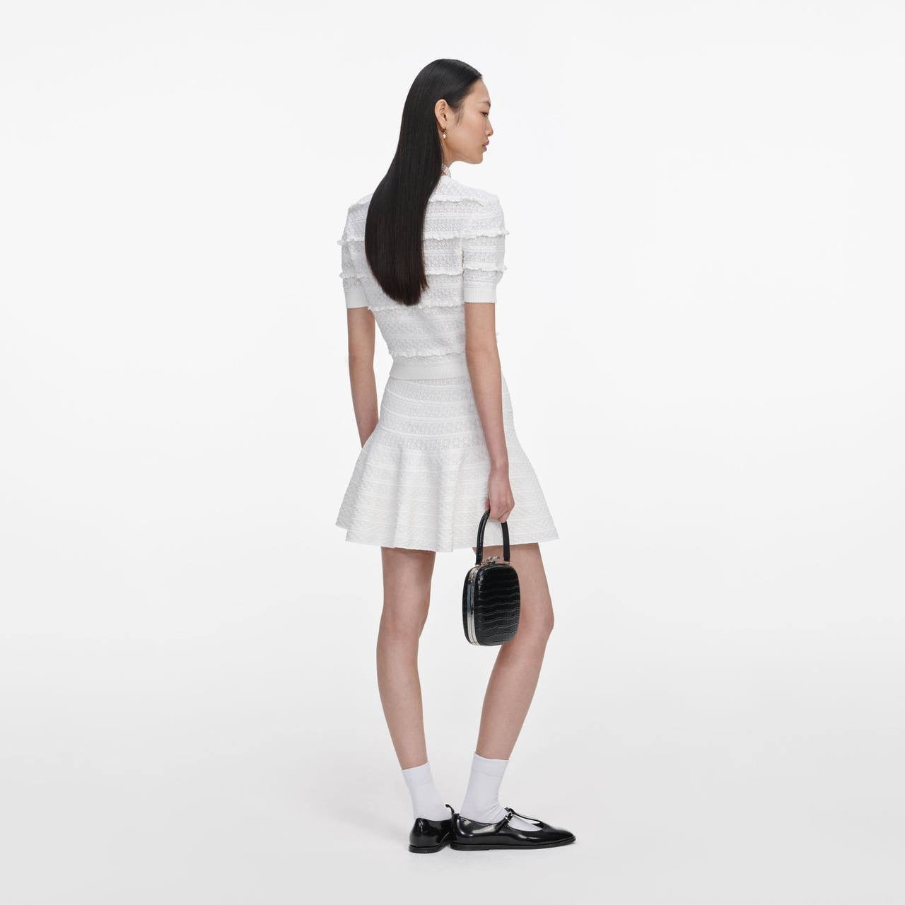 SP White Pointelle Short-Sleeve Sweater Top | Midi Skirt | Set