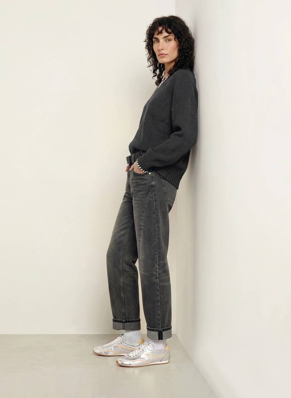 Grey Braided V-Neck Wool-blend Jumper Sweater