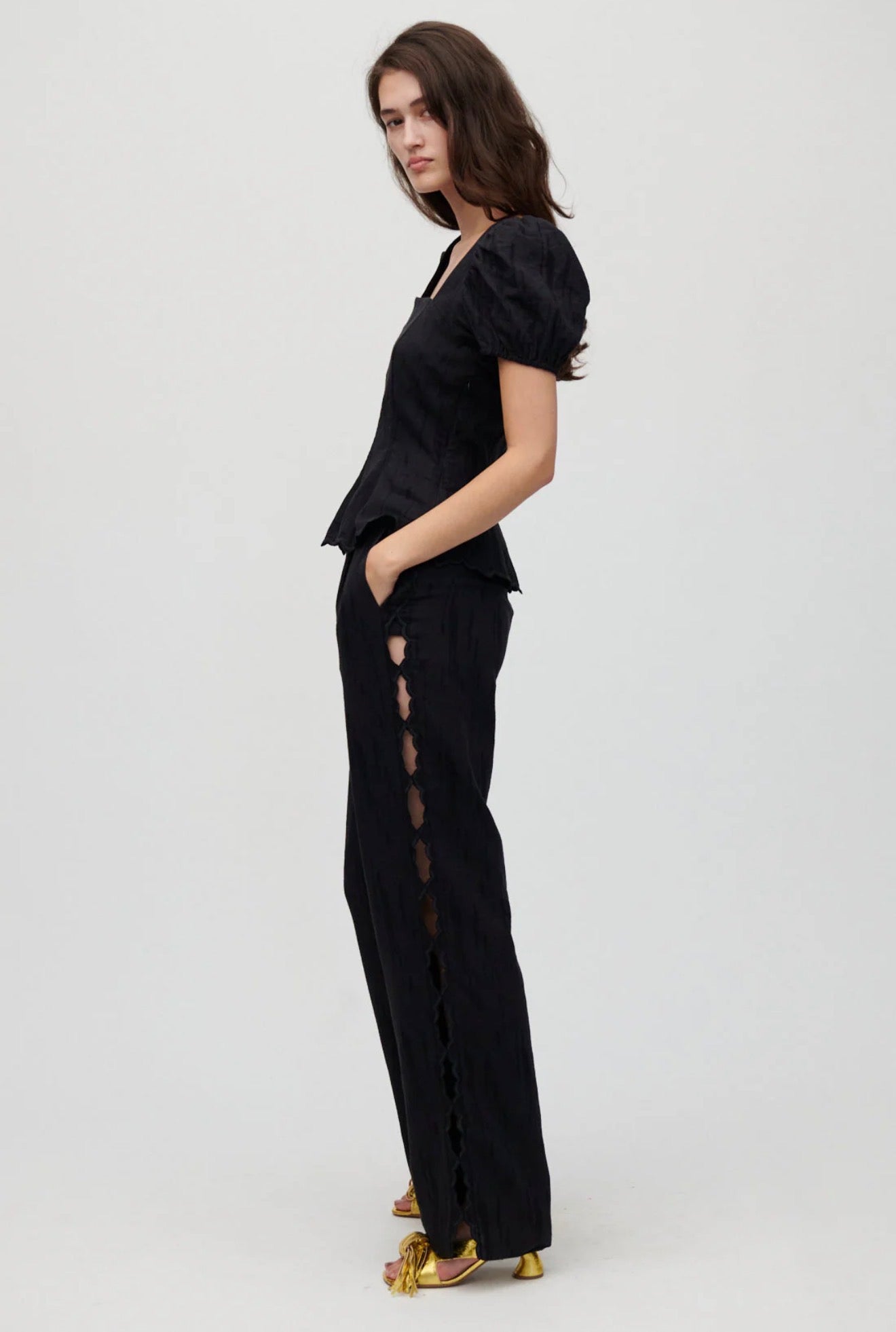 HFM Kira Puff Sleeve Top | Aura Pant Trousers | Scalloped Hem Edge Cotton-linen blend Set