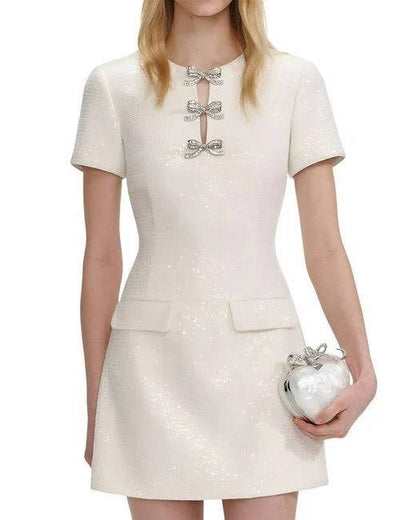 SP Cream Boucle Bow Embellished Mini Dress
