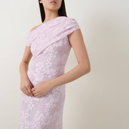 SP Pink Rhinestone Floral Lace Off Shoulder Midi Dress