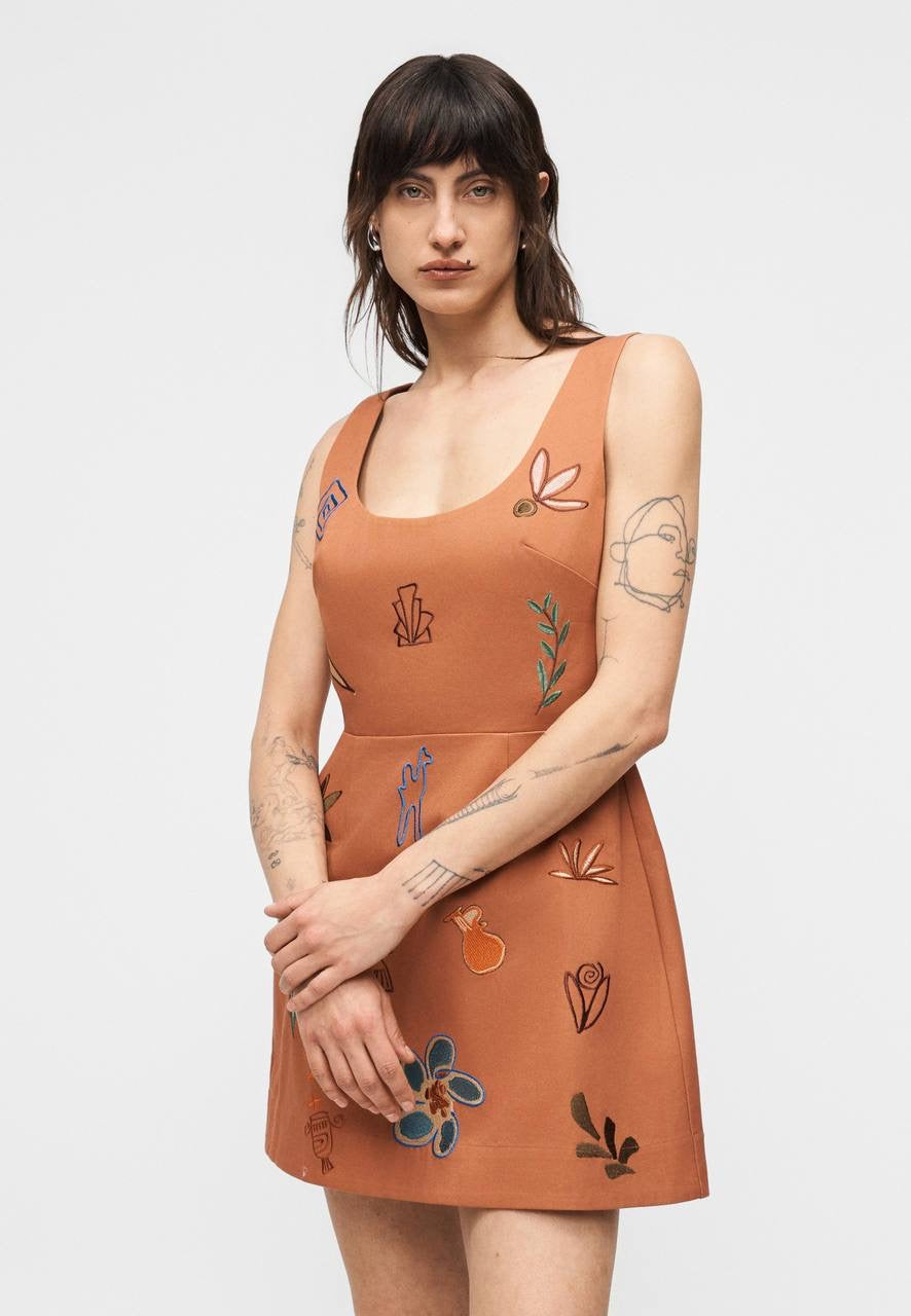ALM Dusty Embroidered Cut Out Cotton Mini Dress In Orange