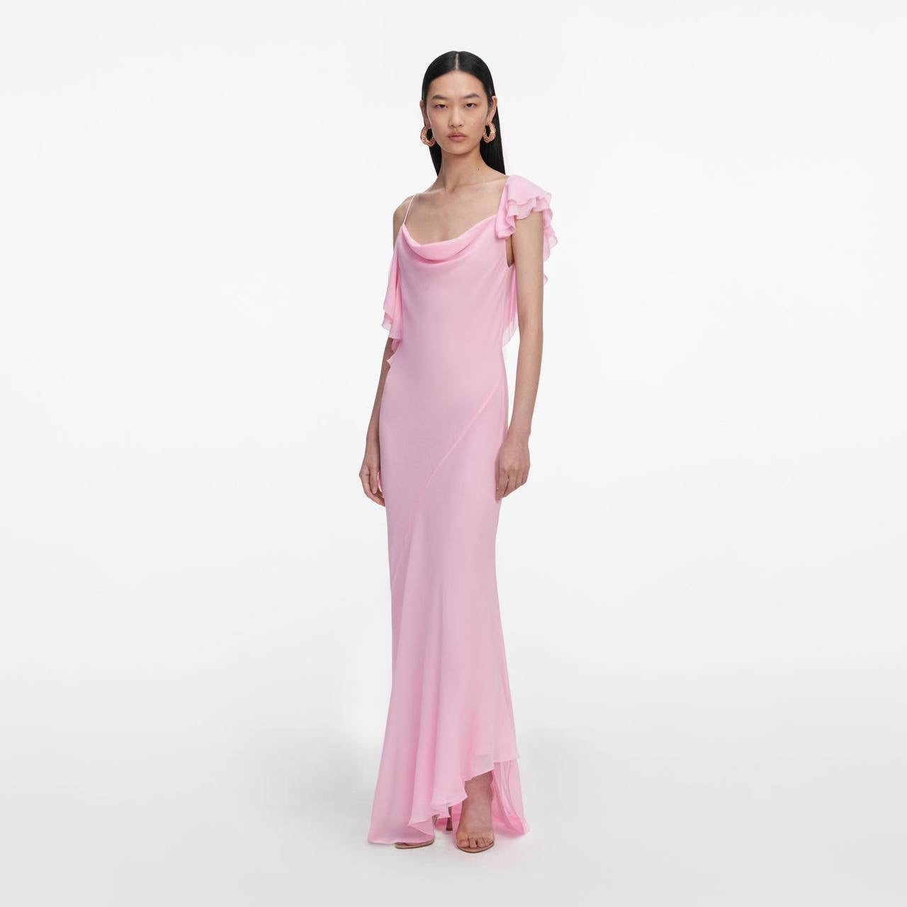 SP Pink Georgette Ruffled One-Shoulder Maxi Dress