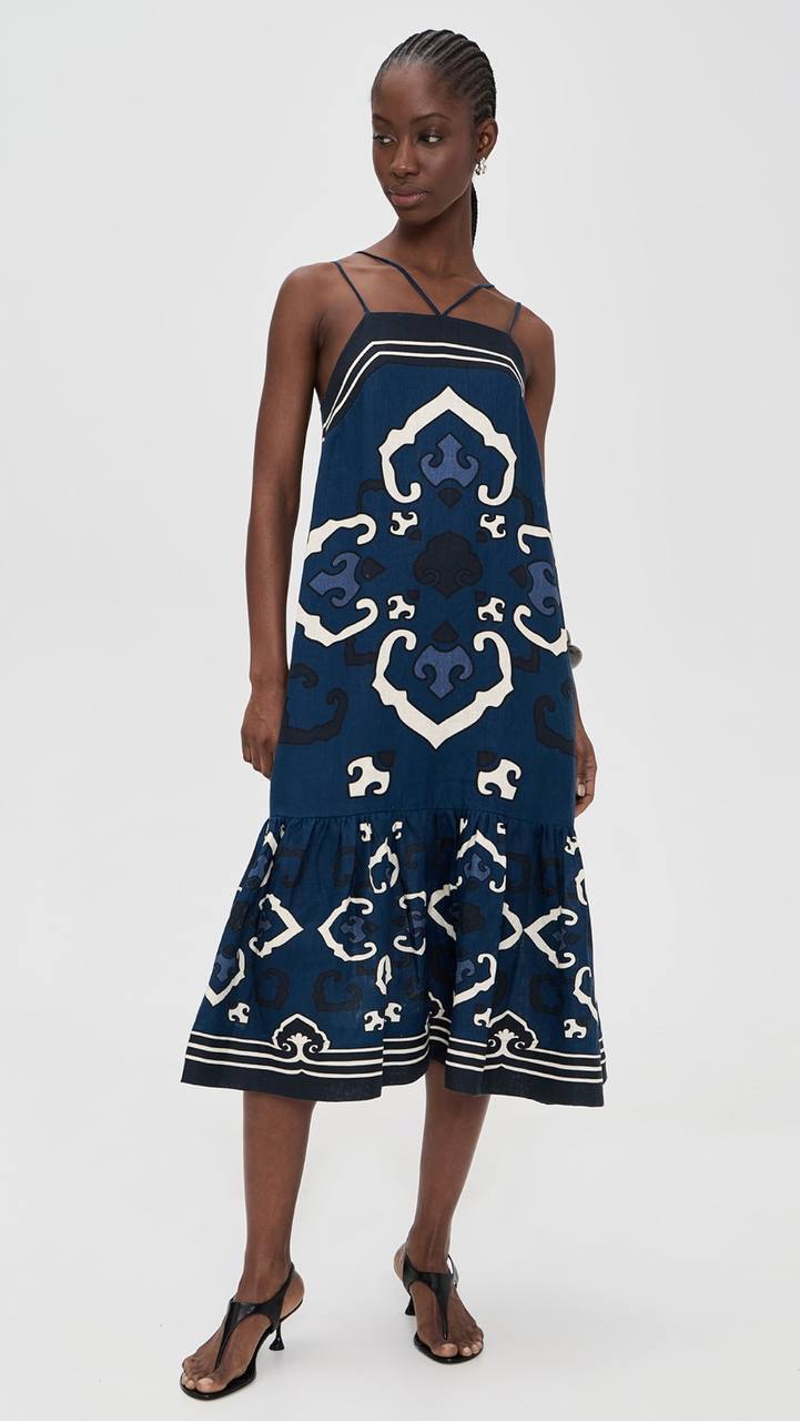 SE Blaise Linen Print Spaghetti Strap Dress