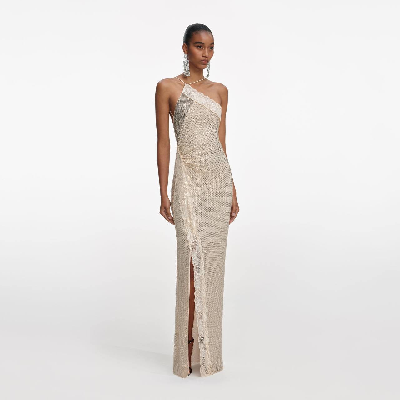 SP Champagne Rhinestone Lace Trim Halter Backless Maxi Dress