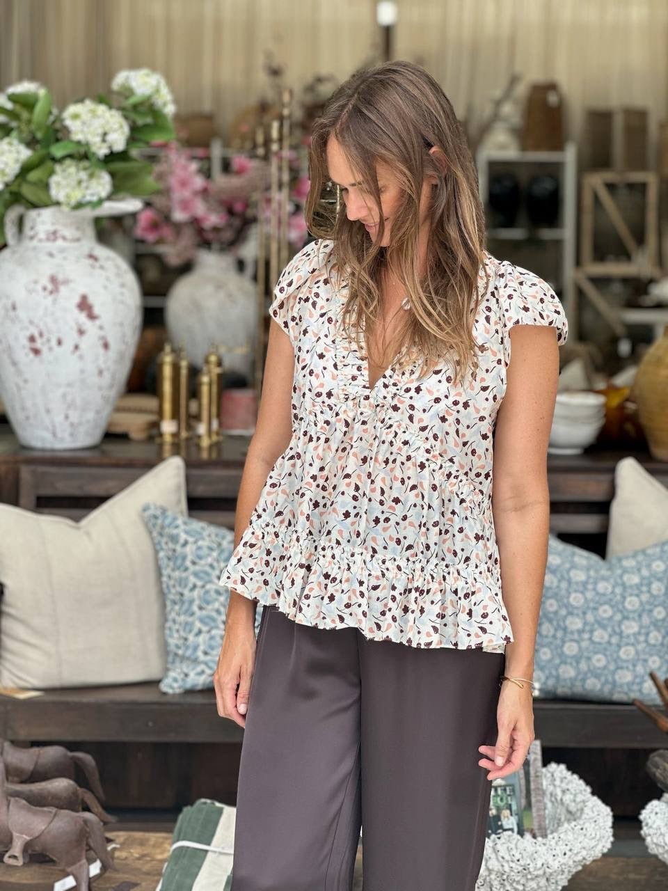 LM Holly Cotton-silk Short Sleeve Peplum Blouse Top