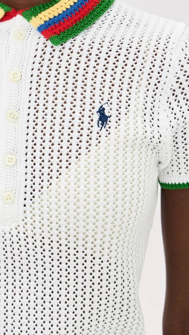 RL Pointelle Stripe Cotton-blend Polo Shirt Top with Rainbow Collar