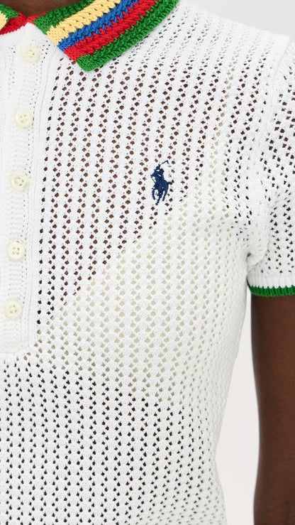 RL Pointelle Stripe Cotton-blend Polo Shirt Top with Rainbow Collar