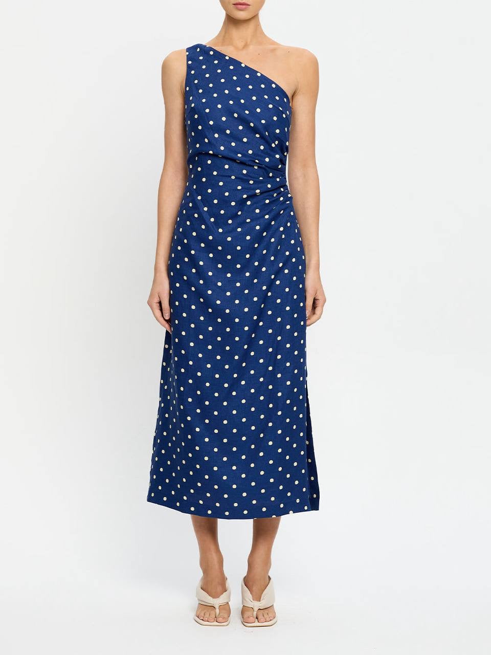 KV Lily One-Shoulder Toga Midi Dress | Strapless Bubble Cotton-Linen Polka Dot Maxi Dress