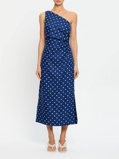 KV Lily One-Shoulder Toga Midi Dress | Strapless Bubble Cotton-Linen Polka Dot Maxi Dress