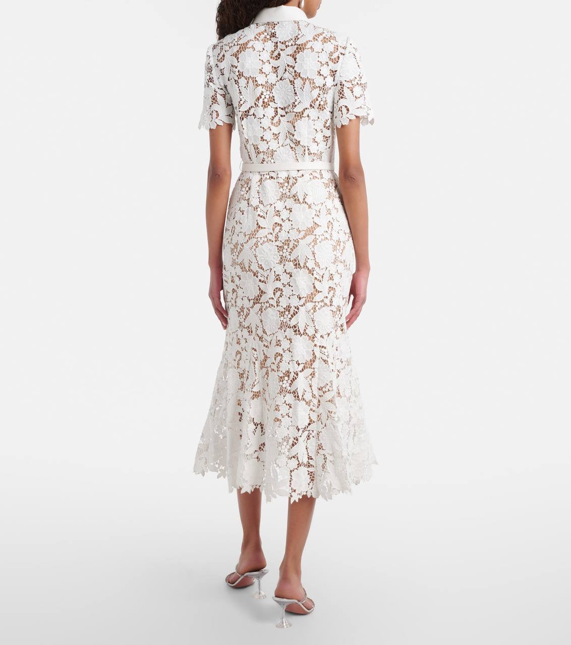 SP White Lace Collared Mermaid Belted Midi Dress