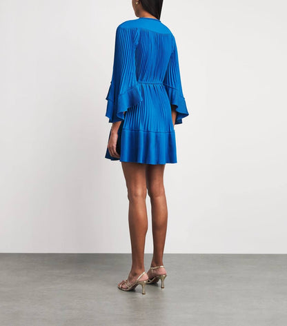 MJ Pleated Braided Drawstring Bell-sleeve Mini Dress