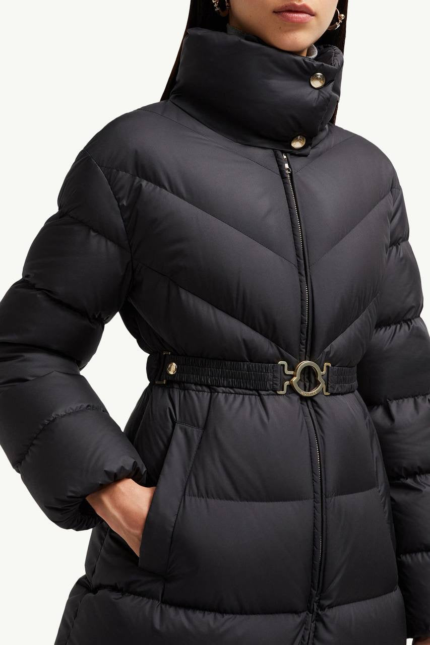 MC Brou Diagonal-Quilted Belted Long Down Jacket