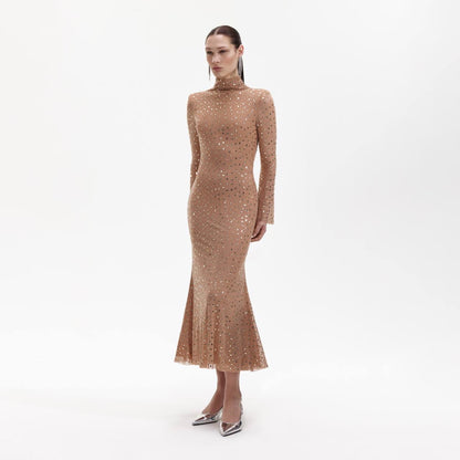 brown square rhinestone mesh midi dress self-portrait - Brown Square Rhinestone Mesh Midi Dress
