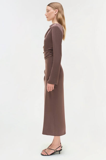 SK Odessa Ruched Long Sleeve Satin Midi Dress in Chocolate brown