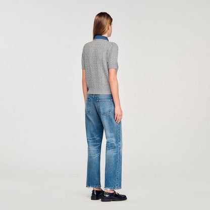 SD Mado Denim Collar Short-sleeved Wool-Cashmere Cable Knit Cardigan