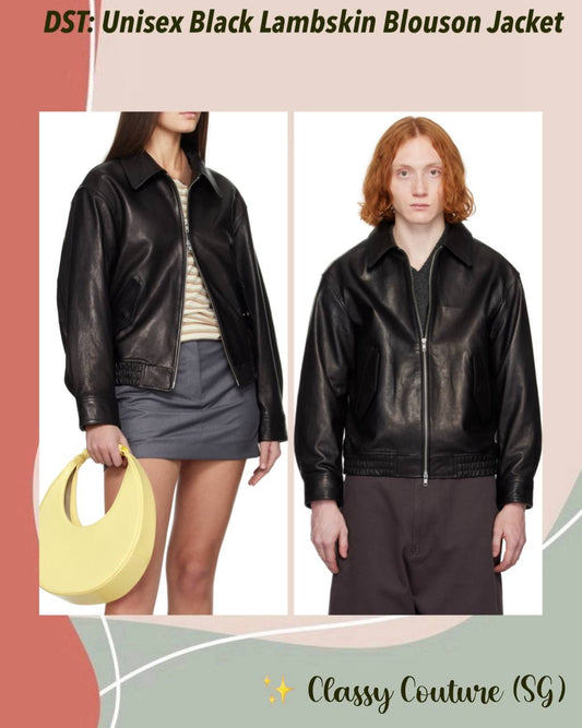 DST Unisex Black Oversized Lambskin Leather Blouson Jacket