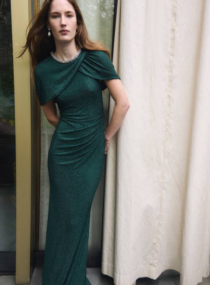 SP Green & Champagne Rhinestone-embellished Draped Sleeve Maxi Dress