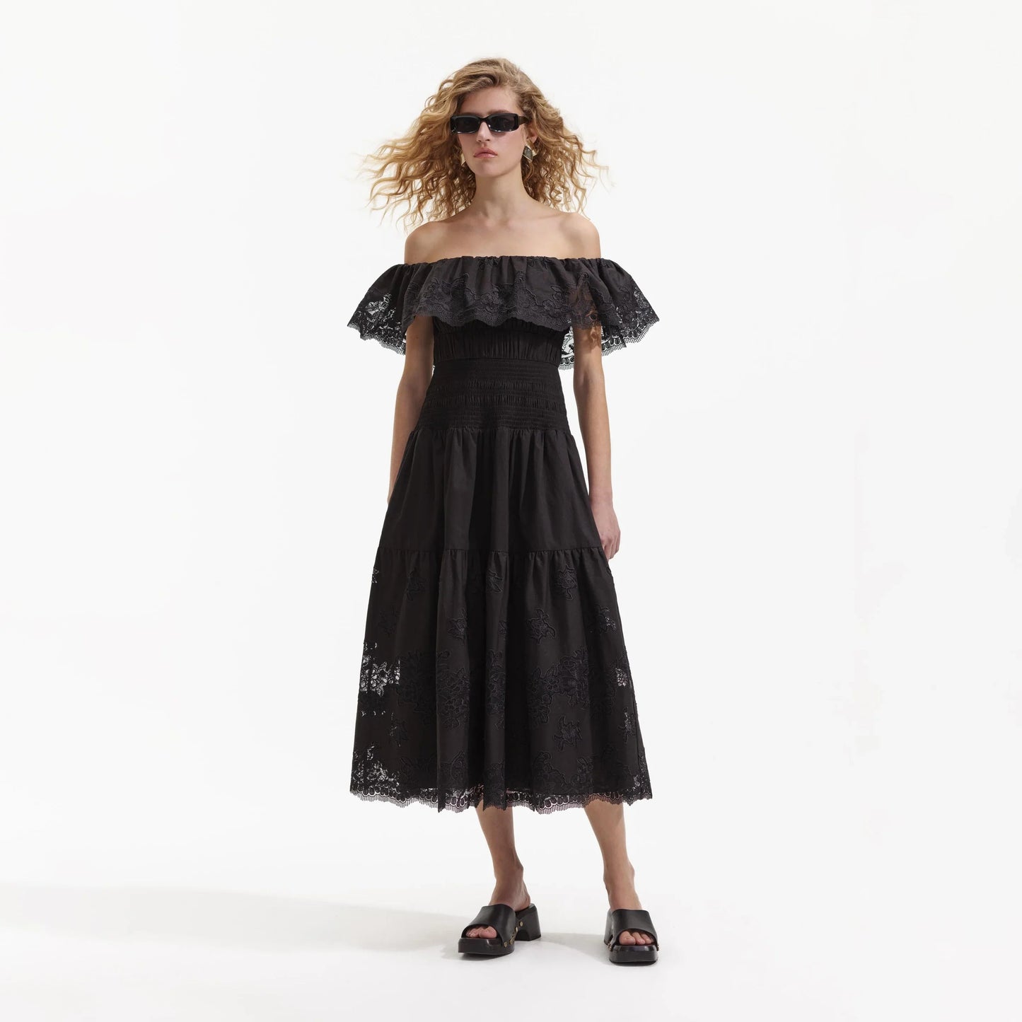 SP Black Cotton Off Shoulder Lace Midi Dress