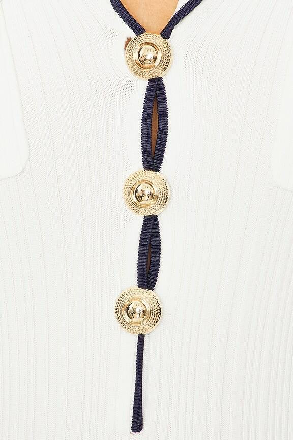 SP White Viscose Rib Knit Collar Long Sleeve Midi Dress