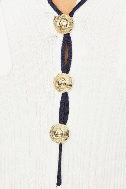 SP White Viscose Rib Knit Collar Long Sleeve Midi Dress